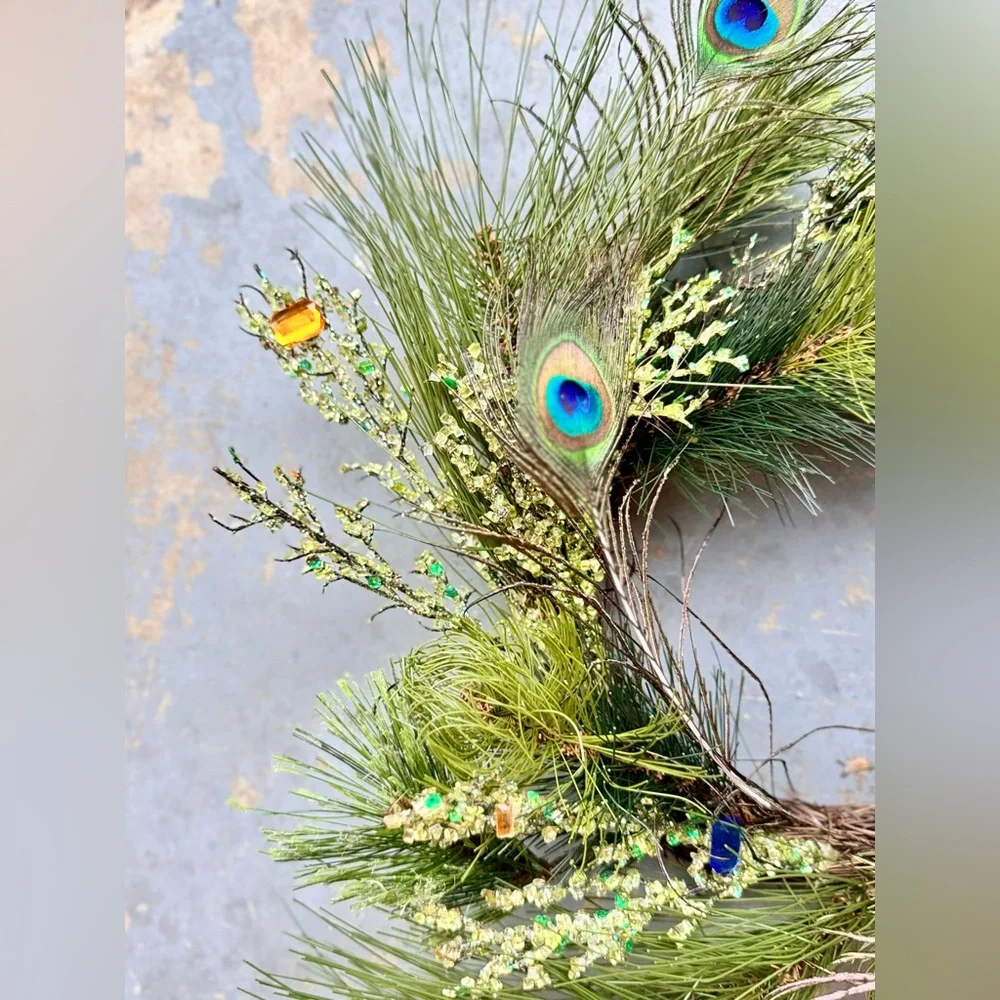 17” PEACOCK FEATHER Maximalist Wreath w Gems & Crystals on Grapevine Ring Base